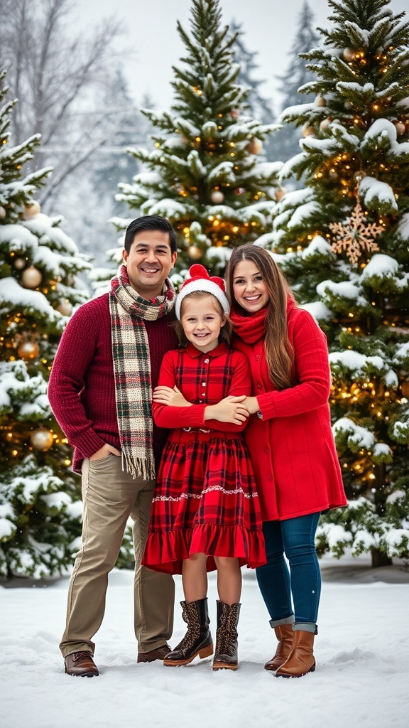 Christmas Family Photo Outfits for a Family of 3 A family of three in Christmas outfits posing in the snow with evergreen trees.